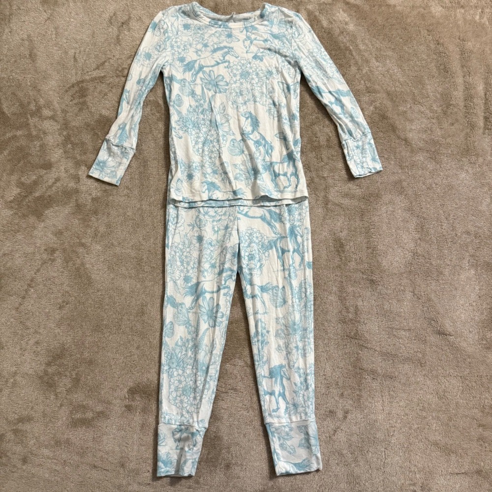 Posh Peanut Horse Floral Toile Bamboo Pajama Set Blue White 3T-4T Long Sleeve